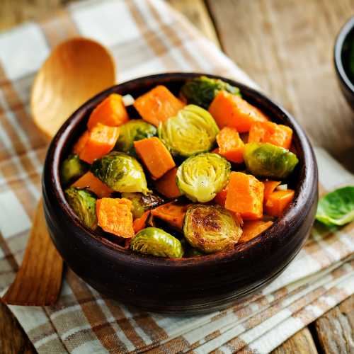 Roasted brussels sprouts and sweet potatoes