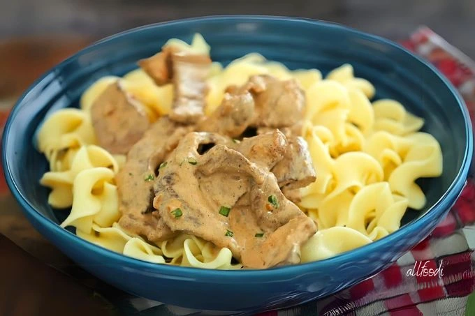 Beef stroganoff with mushrooms and onions